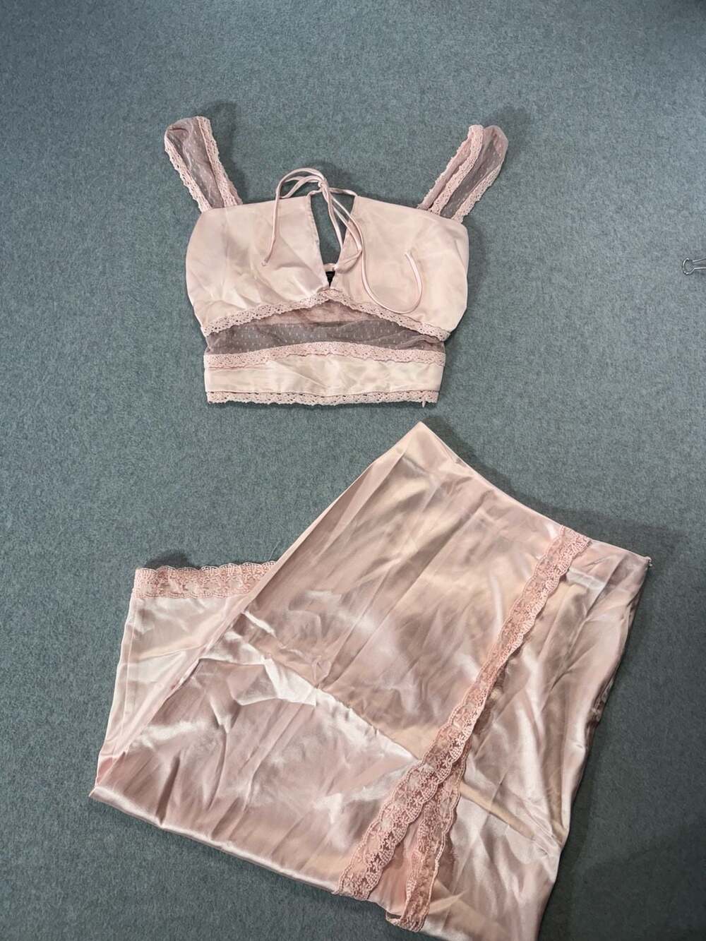 Finesse XS Pink Satin Lace 2-Piece Set | Corset Crop Top & Midi Skirt